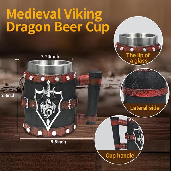 Fantasy RPG Drage- og Sverdølkrus - Håndlaget Harpiks Rustfritt Stål - Middelaldersk Trebøttedesign med Lærreimer - 21OZ