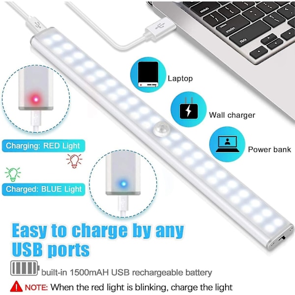 40 led garderobsljus, rörelsesensor, uppladdningsbar USB , 4 lägen, 30 cm (vitt ljus