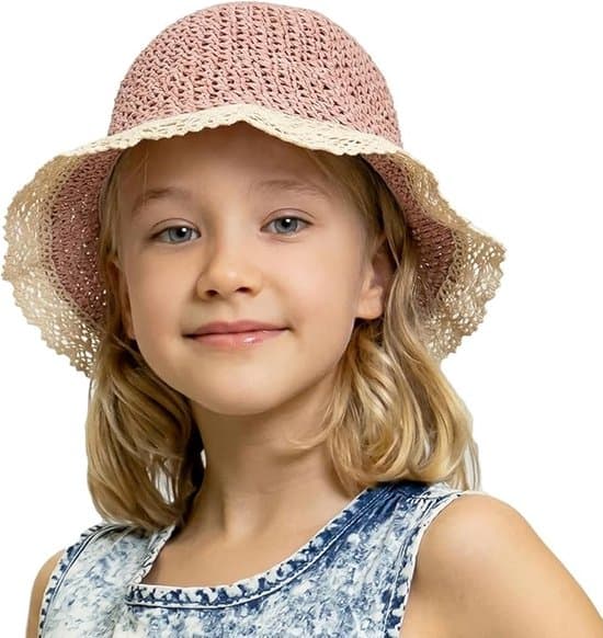 Hat – Sommerstråhat til piger – Bredskygget solhat – Blonde design – Justerbar & foldbar – Strandhat til børn – Pink