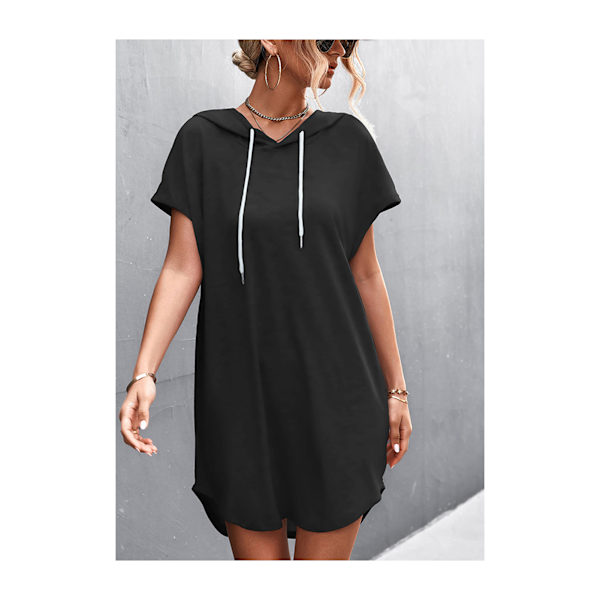 Sommarklänning för kvinnor Kortärmad Hooded V-ringad Solid Klänningar för Caual black s
