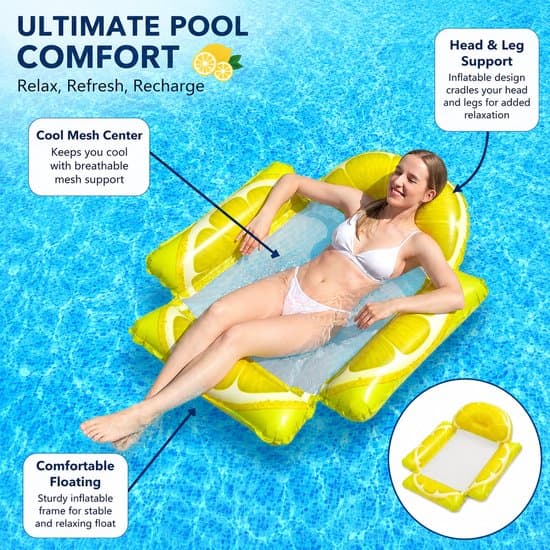 Pool Float - Vandhængekøje - Oppustelig Citron Float med Ryglæn - Mesh Sæde - PVC - 115 x 104 cm
