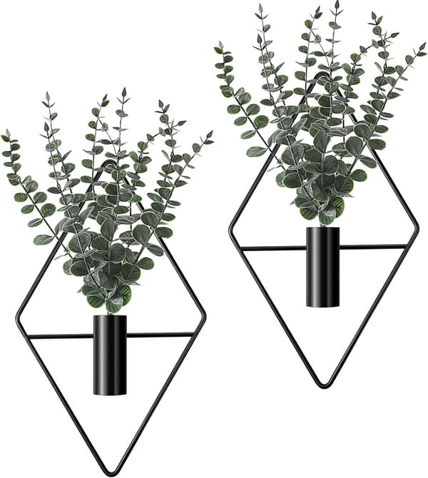 Sæt med sorte hængeplanter - 4 metaldele med kunstig eukalyptus - Geometrisk boho-design - Velegnet til stue, kontor og badeværelse - 1 sæt