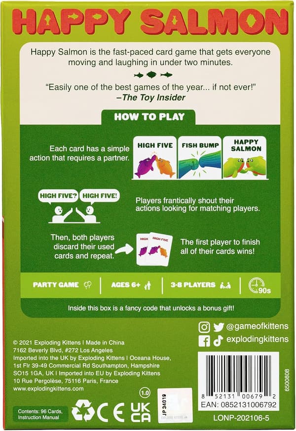 Exploding Kittens Happy Salmon, 3-8 spillere, 6+ år Gruppekortspil | Råb febrilsk dine handlinger, find en matchende spiller, udfør handlingen,
