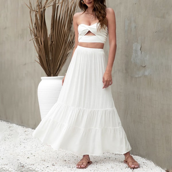 Dam A-line lång kjol med flytande kjolar White XL