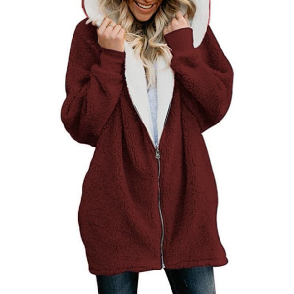 Dam Långärmad Zip Up Hoodie Jacka Jumper Cardigan Coat Red Wine,M