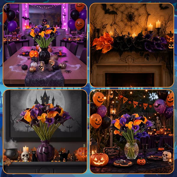24 stk Halloween- og høstblomster, 35 cm, svart, oransje, lilla