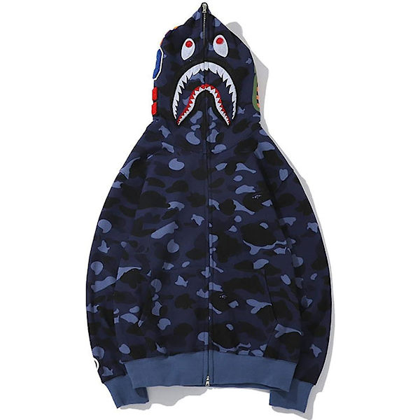 Shark Ape Bape Hoodie Camo Print Polyestertröja Casual Loose Zip Hoodie Jacka För Herr Dam Camouflage Blue L