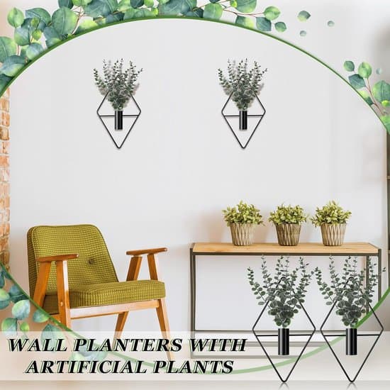 Sæt med sorte hængeplanter - 4 metaldele med kunstig eukalyptus - Geometrisk boho-design - Velegnet til stue, kontor og badeværelse - 1 sæt