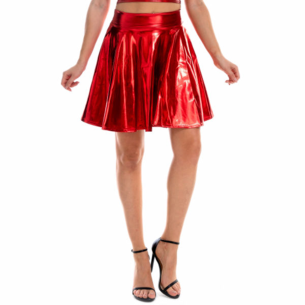 Kvinnors glänsande utsvängda plisserade mini skater kjol Red M