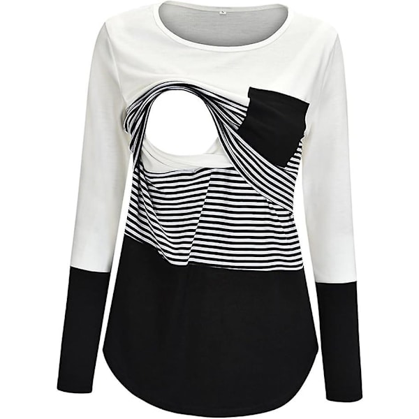 Rundhalsrandig lapptäcke Långärmad Amning Gravid kvinna Amningsblus Toppar T-shirt black L