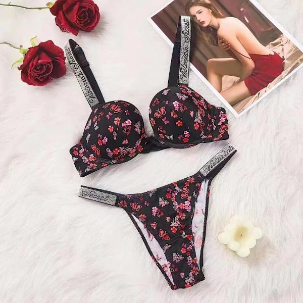 Sexy Lingerie Comfort Women Set Push Up Bra Victoria's Secret Lingerie Set Female Underwear Vetement Femme Black flower 75C