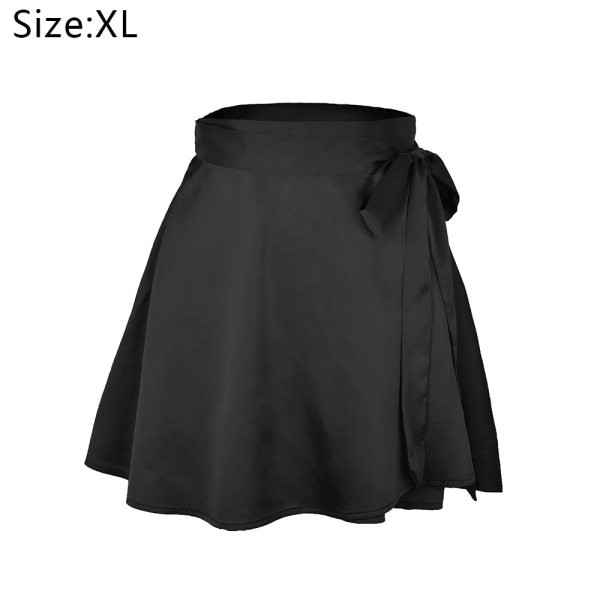 Hög midja satin flytande mjuk silkeslen skater mini kjol Black,XL