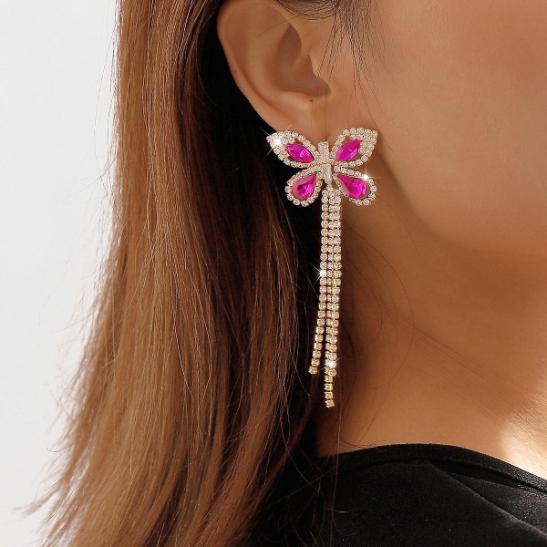 Lätt lyxiga klokedja örhängen fulla av diamanter Butterfly Tofs örhängen Temperament mångsidig dam design örhängen gold Pink