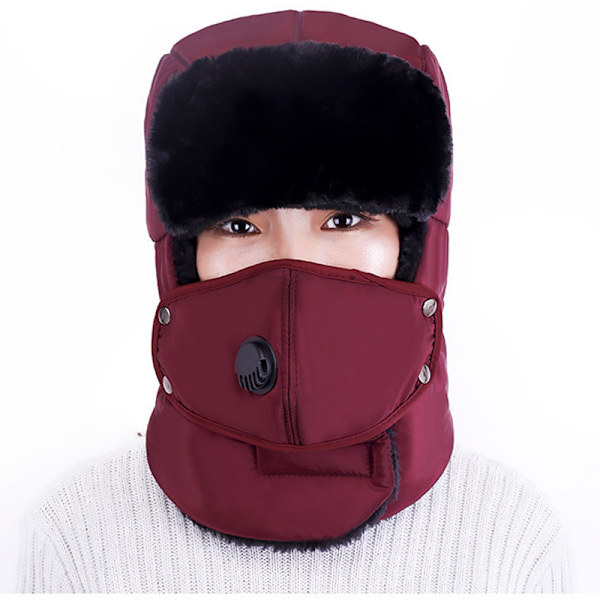Män Trapper Aviator Hat Winter Warm med mask Öronlapp Cap Dark Red