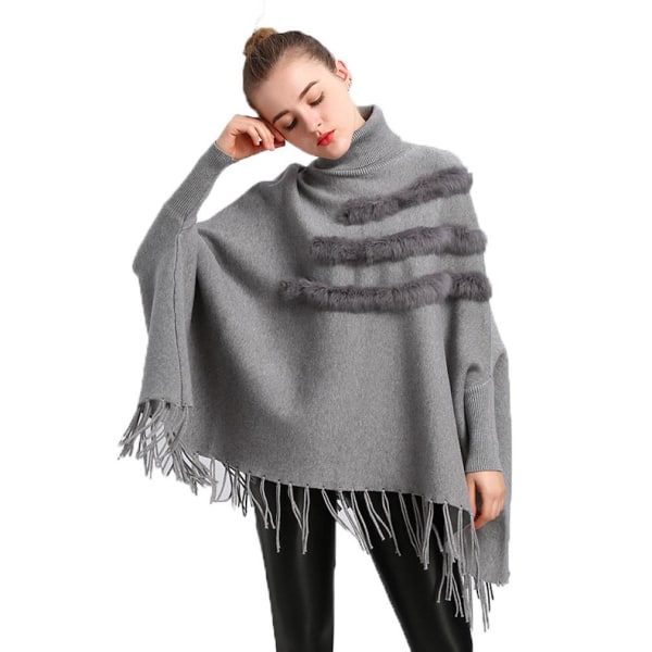Lös turtleneck Pullover Wrap sjal med fuskpäls trimning Fladdermusblus med tofs stickning Cape for Lady