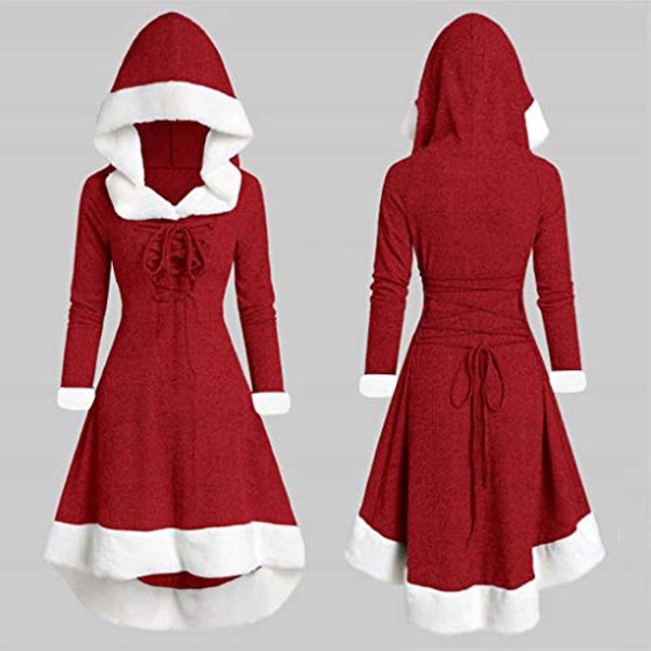 Fksesg Dam Vintage Klänning Vinter Jul Långärmad Patchwork Hood Party Dress A-light Red 3X-Large