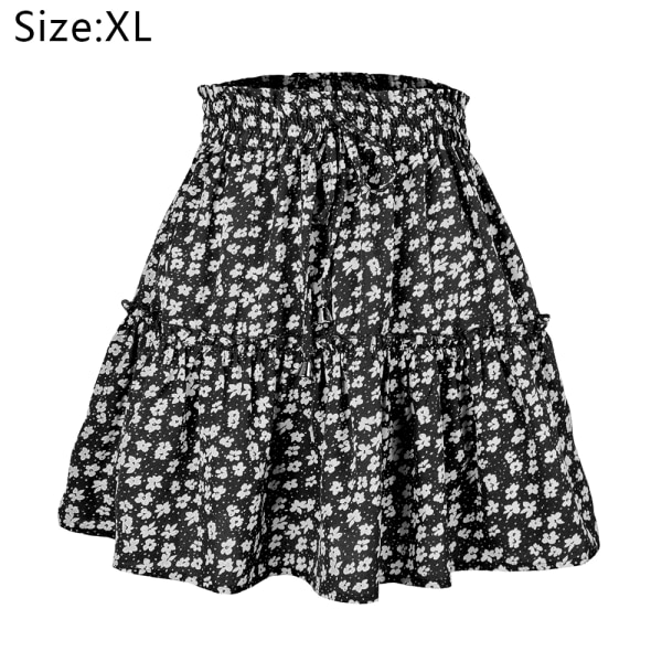 Söt hög midja veckad kjol med blommig strand print Black,XL