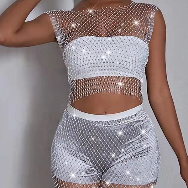 Mesh Crystal Body Chain Sparkly Rhinestone Fishnet Crop Top