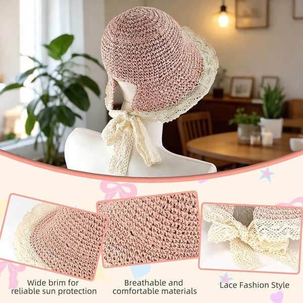 Hat – Sommerstråhat til piger – Bredskygget solhat – Blonde design – Justerbar & foldbar – Strandhat til børn – Pink