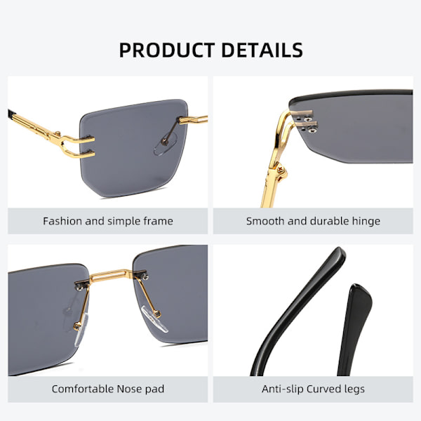 Snygga bågfria solglasögon Retro metallsolglasögon för kvinnor Modeglasögon för män Gold frame gradient grey