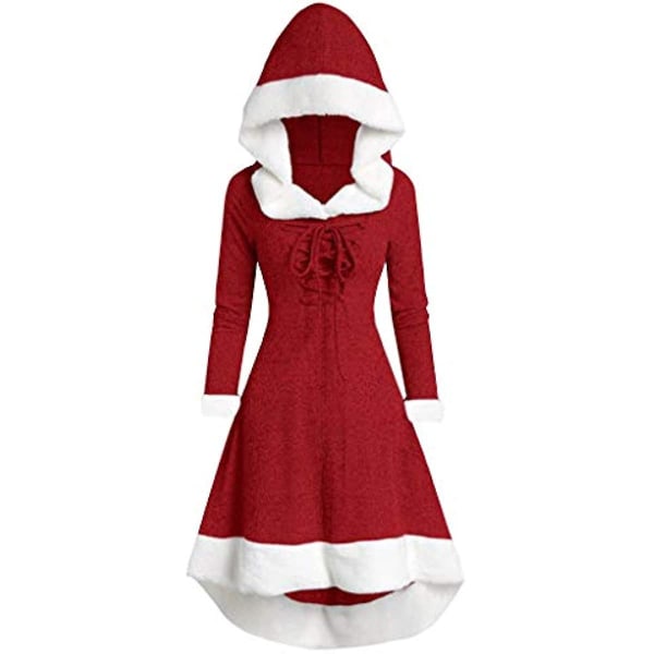 Fksesg Dam Vintage Klänning Vinter Jul Långärmad Patchwork Hood Party Dress H-red Small