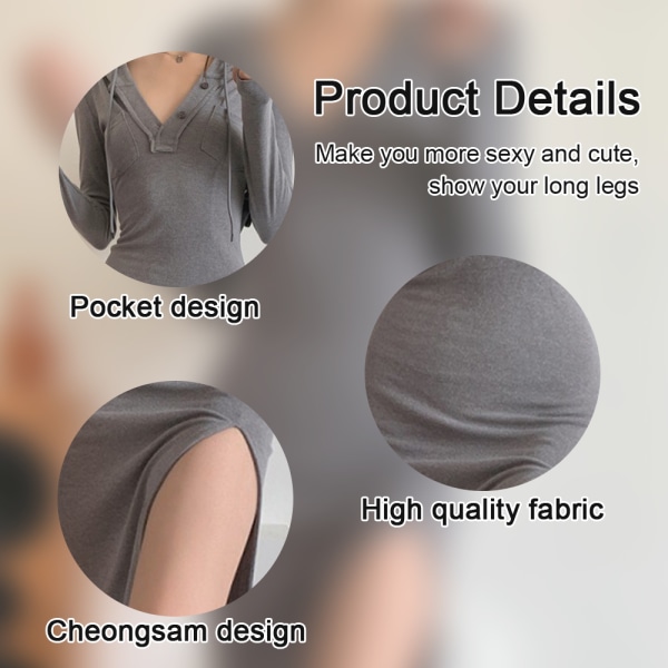 Kvinnors sexig långärmad miniklänning med rynkad knapp framtill grey XXL