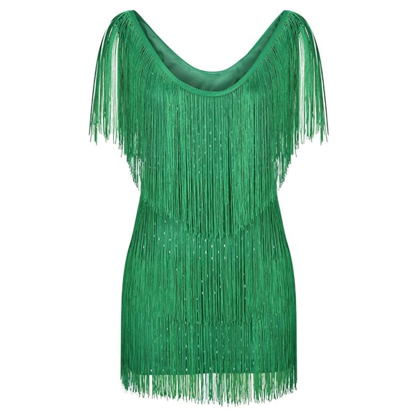 Dam Latin Dance Ärmlös glänsande paljetter Tofsar Scenframträdande Kostymklänningar Sexiga V-hals Fest Miniklänningar green L