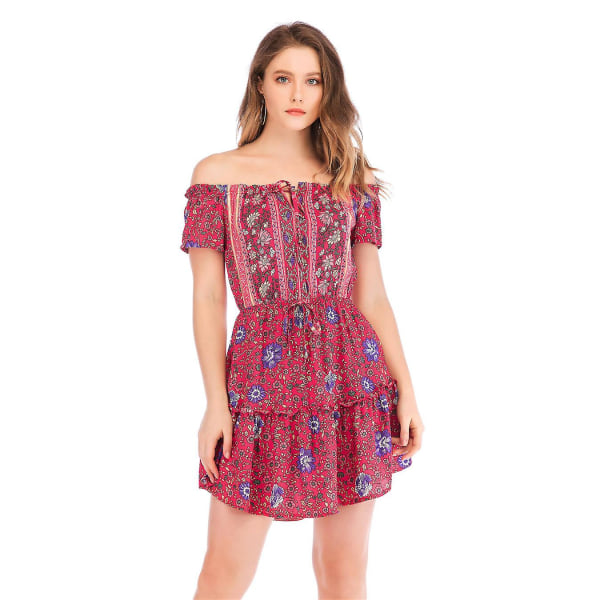 Blommönter Print klänning Off Shoulder Sexig Kort Klänning Dam Semeter Strandkläder röd S red s