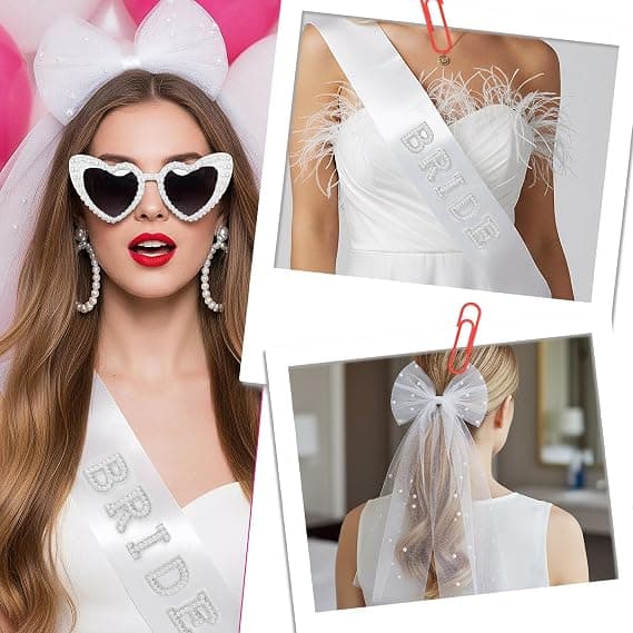 Brudsjal Möhippa Tillbehörsset, Eleganta Vita Rosettklämmor, Pärlsolglasögon för Bröllopsdusch & Förlovning