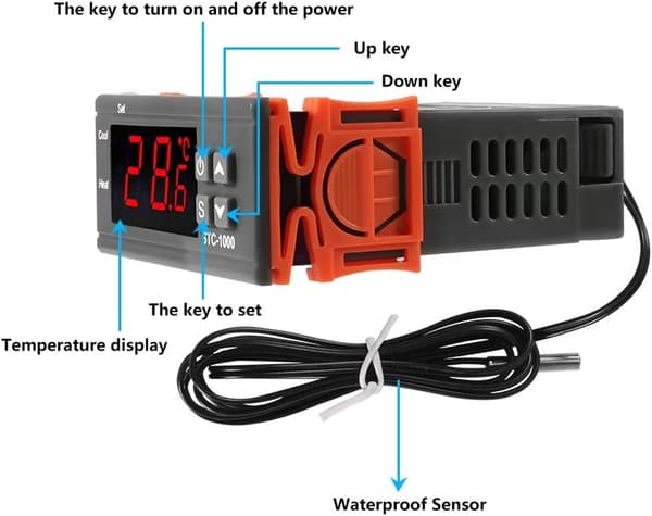 Digital LCD Temperaturregulator 10A DC 24V Termostat STC-1000 1m NTC Sensor Termostat Regulator Varmelegeme Køler 2 Relæudgang (24V)