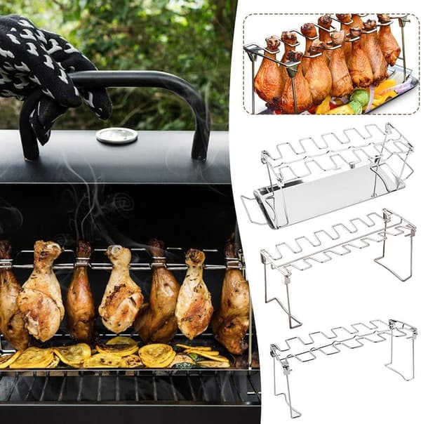 Kyllingelårstativ til grill, 14 pladser BBQ Kyllingelårsholder, Kyllingevingestativ, Rustfrit stål grillstativ Risterstativ til grill, ovn, kul