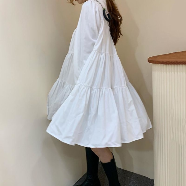 Vår Kvinna Lös Casual V-ringad Enfärgad Oversize Långärmad Minimalistisk Bred fåll Plisserad Rak Klänning Grön One Size as shwon