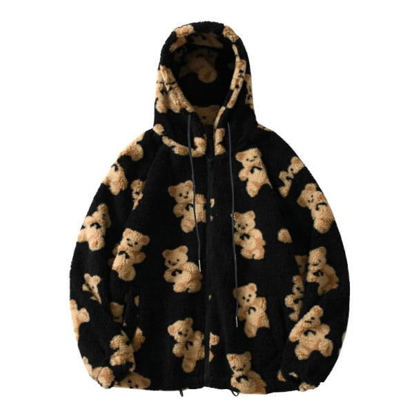 Teddy Bear Print Varm Jacka För Dam Black XL