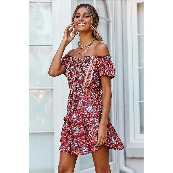 Blommönster Print klänning Off Shoulder Sexig Kort Klänning Dam Semester Strandkläder röd XL red xl