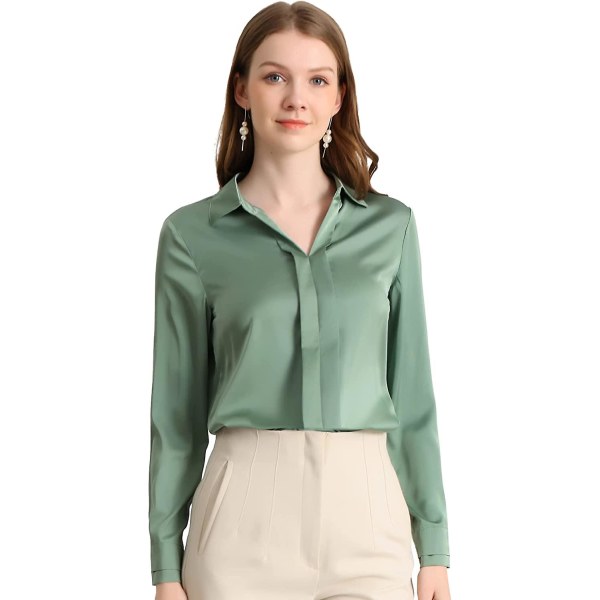 Allegra K Kvinnor S Office Elegant V-ringad blus Långärmad arbetsskjorta Green Medium