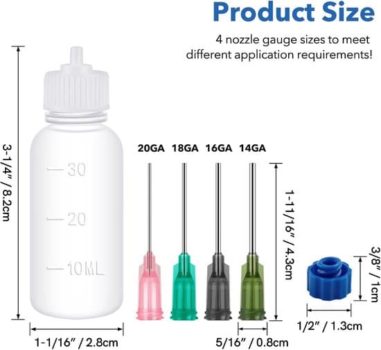 30 ml doseringsflaskset - 12 st med nålspets och lock - Ultrafin limapplikator - Påfyllningsbara limflaskor - Doseringsflaska - Limtuber
