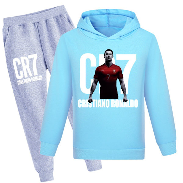 CR7 Ronaldo Pojkars Träningsoverall Fotboll Hoodie Sweatshirt Topp + Byxor Outfit Light Blue03 170cm