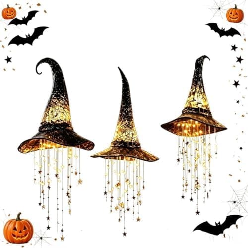 Halloween-valaistut noitahattu-kellot, tuulikellot ja valaisevat koristeet.