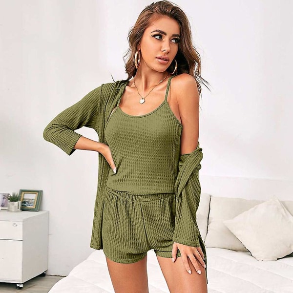 Pyjamasset för kvinnor 3-delat set Ribbstickad Cami-topp och shorts Mjuka  nattkläder med Robe Cardigan green S 90b9 | green | S | Fyndiq