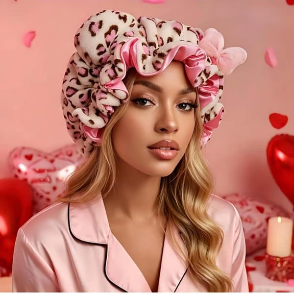 Sød Leopardprint Teddy Bonnet Sovehætte til Kvinder Blød Satinforet Spa Hårbånd med Sløjfe til Hårbeskyttelse