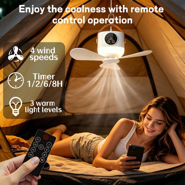 Bærbar campingventilator med LED-lys, 7200mAh genopladeligt batteri, 4 hastigheder, timer, loftventilator til camping, telt, soveværelse (hvid)