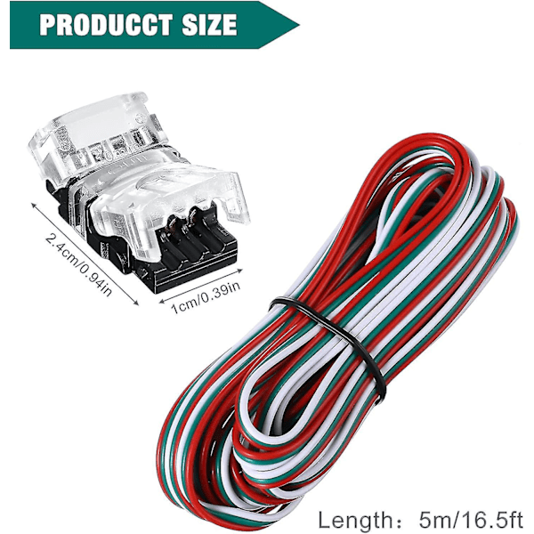 3-stifts Led Strip-kontakter 10 mm för Ws2811 Ws2812b Sk6812 Lödfri Led Strip, med 5 meter lång sladd (10 st)