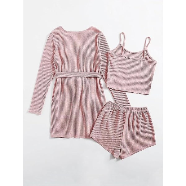 Pyjamasset för kvinnor 3-delat set Ribbstickad Cami-topp och shorts Mjuka nattkläder med Robe Cardigan beige M