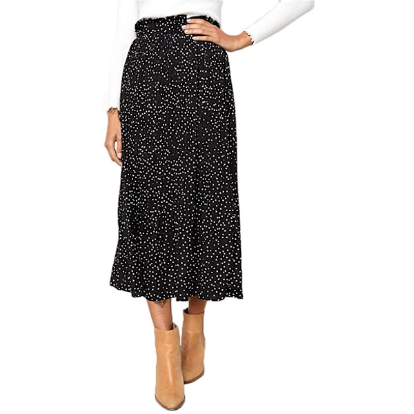 Dam med hög midja prickig plisserad kjol Midi Maxi Swing Kjol Black Medium