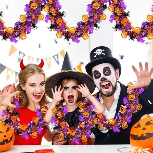 15 meter Halloween guirlande med orange græskar, sort edderkop, lilla flagermus