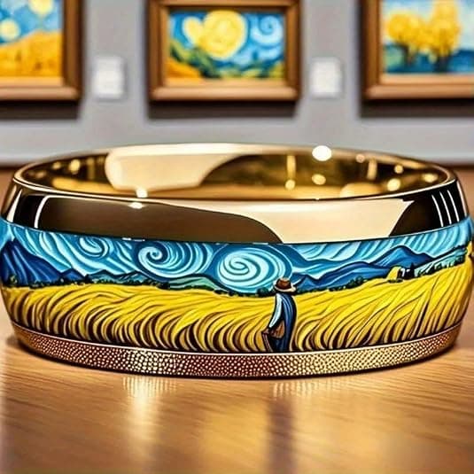 Herre ring i rustfritt stål, Van Gogh Starry Night & Wheat Field kunstdesign, gull moteriktig statement-ring, slitesterk smykkegave til menn