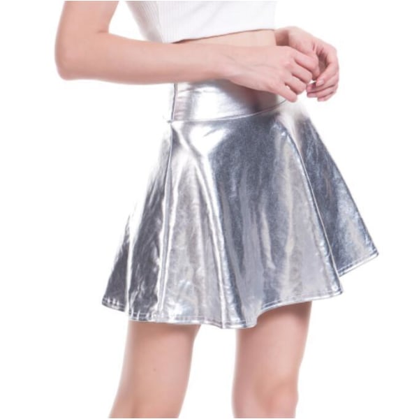 Minikjol i PU-läder för kvinnor Plisserad kjol Nattklubb silver L