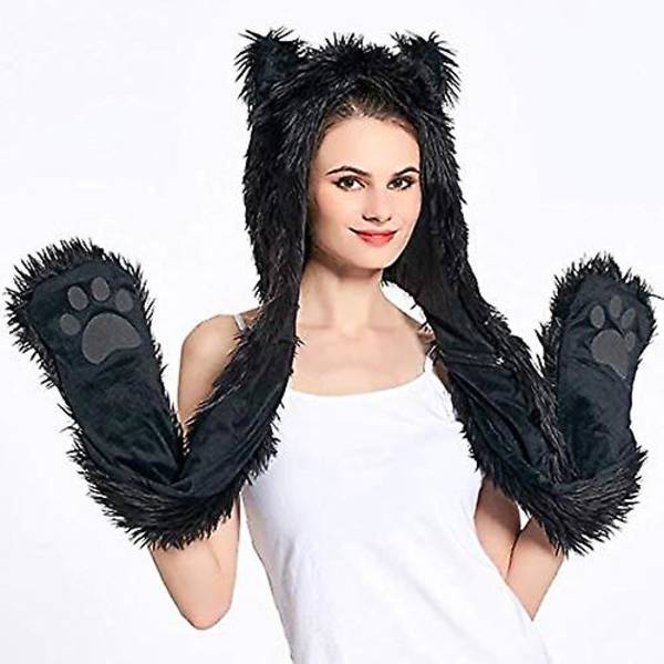 Dam Flickor Hooded Scarf Hats Handskar Set 3-i-1 Vinterhatt med halsduk och handskar Fuskpäls Vargbjörn Hatt Öronlappar Hatt（B）