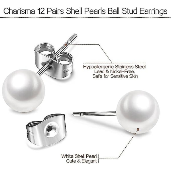 Charisma Pärlörhängen Kirurgiskt stål Pärlörhängen Set För Kvinnor Flickor Faux Pearl Örhängen Pack 8mm