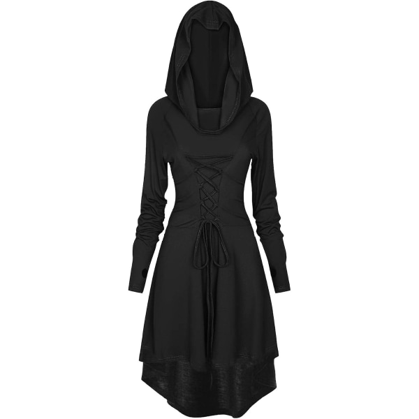 Gotisk klänning för kvinnor, medeltida kläder, halloweenkostym, renässansklänning med huva för halloween, karneval black 2XL